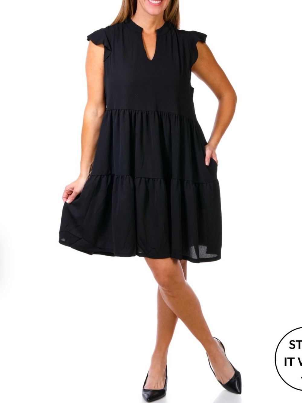 Black Tiered Mini Dress V-Neck Pockets
